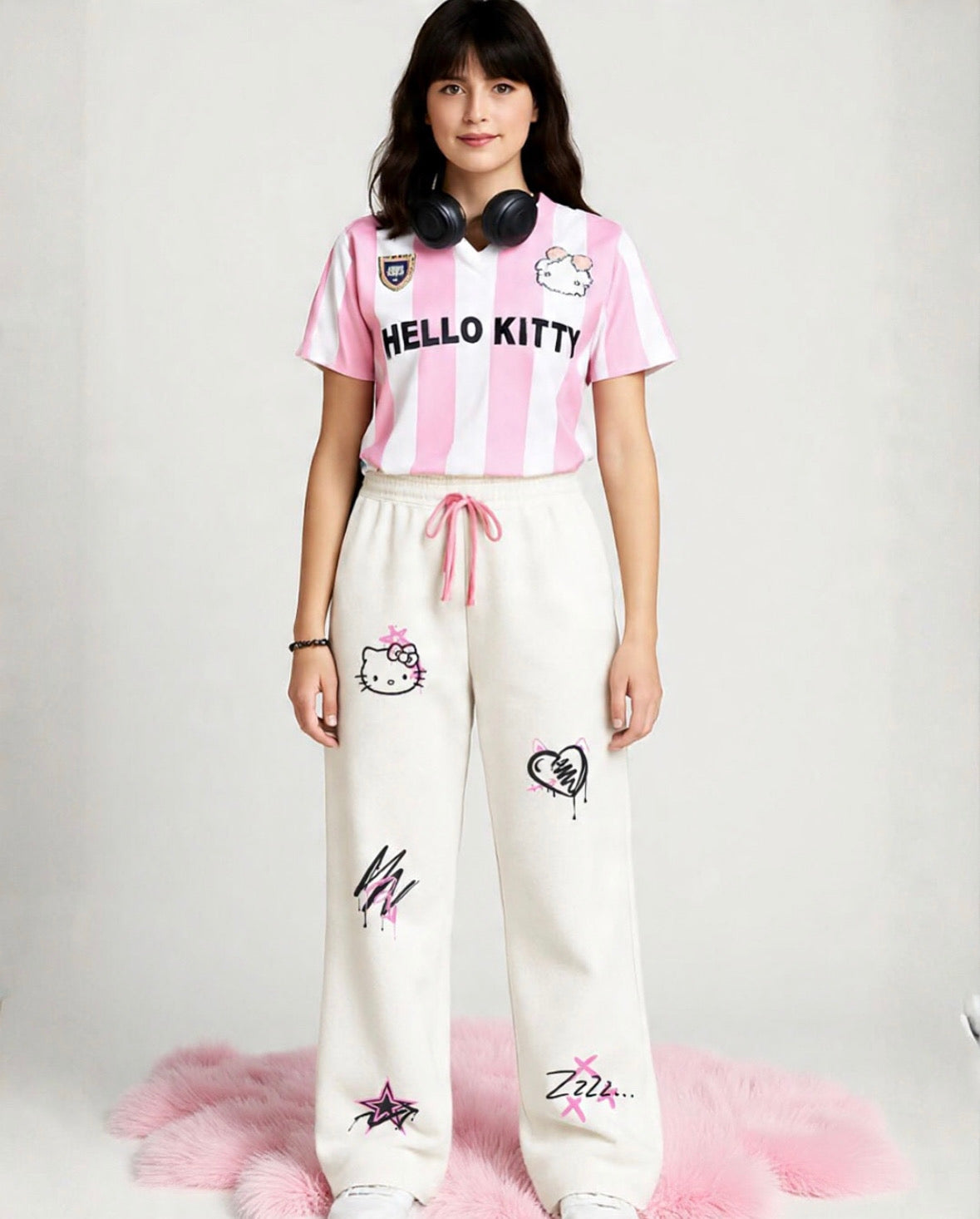 Person wearing a Hello Kitty-themed outfit with a pink and white striped shirt and white pants with designs.